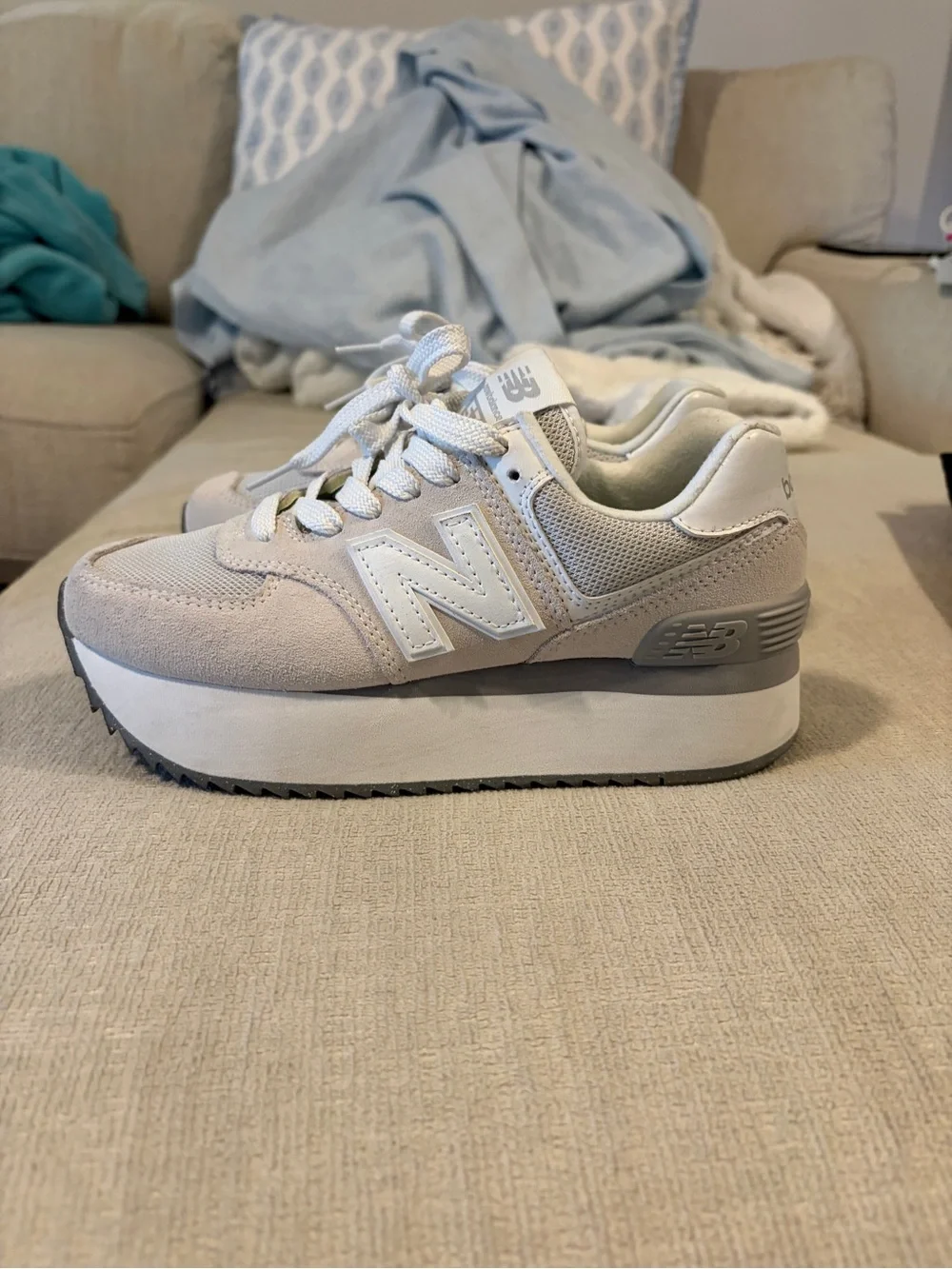 New Balance 574+ Platform Sneakers Reflection Grey White Retro Women’s Shoes 6.5